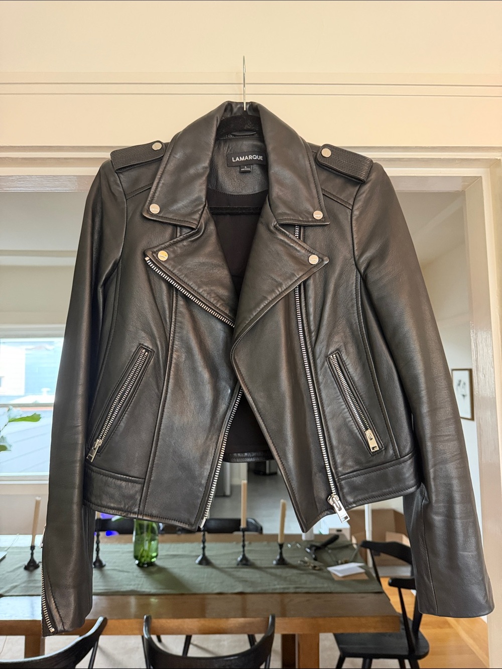 Lamarque Black Leather Biker Jacket with Silver Hardware - Small